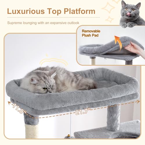 Image of Heybly Cat Tree, 76-Inch Tall Heavy Duty Cat Tower for Big Cats HCT039W | Multi-Level Large Cat Furniture with Extra Wide Baseboard, 2 Condos & 2 Hammocks, 10 Scratching Posts, Light Gray