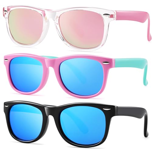 Pro Acme Kids Polarized Sunglasses Flexible TPEE Frame Shades for Toddler Girls Boys Ages 3-12A1 Pink/Blue + Black/Blue + Crystal/Pink Mirrored