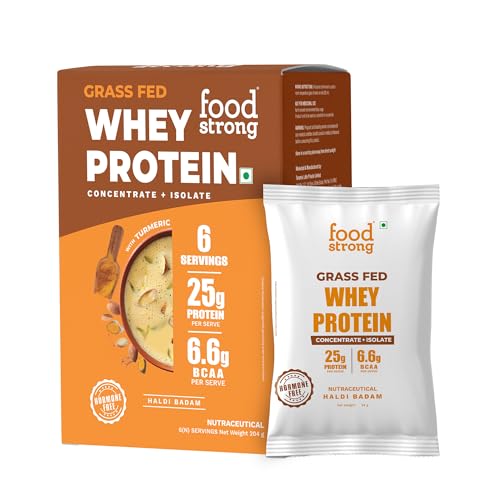 Image of Foodstrong Whey Protein Powder (Concentrate + Isolate), 100% Hormone Free Grass-Fed Whey, 25G Protein & 6.6G BCAA, Haldi Badam, With Turmeric & Digestive Enzymes, 204G