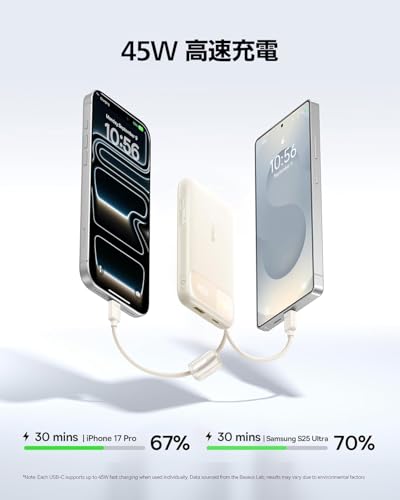 Baseus モバイルバッテリー USB-C ケーブル内蔵 22.5W 急速充電 10000mAh PD対応 タイプc Type-C×2 iPhone15/16/17 Galaxy Android スマホ 対応 ケーブル一体型 機内持ち込み PSE認証済 FC11 (ホワイト) E00304