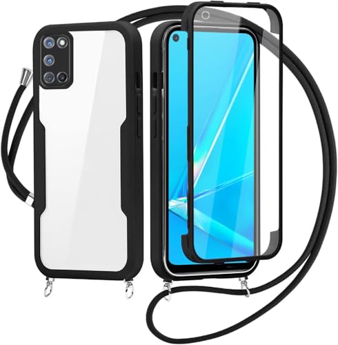 Cover per Oppo A52/A72/Oppo A92 4G con Cordino, 360 Gradi Antiurto Custodia con Protezione Schermo Integrata Trasparente Rugged TPU Bumper Doppia Protettiva Cover per Oppo A52/A72/Oppo A92 4G -Nero