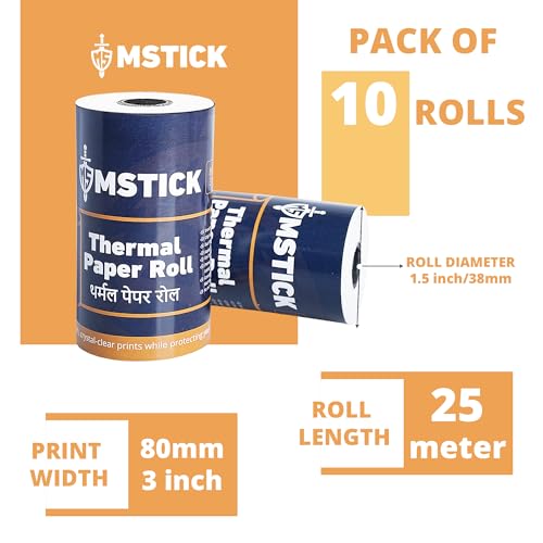 Image of MSTICK Premium Thermal Receipt Paper Rolls - 80mm (3 Inch) x 25 Meter - POS Billing Paper - Pack of 10 Rolls