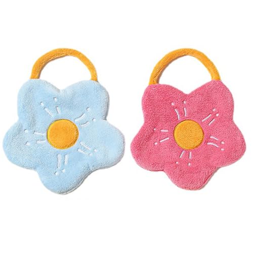 Image of House of Quirk Flower Shaped Hanging Towels Set of 2 | Soft Coral Fleece Kitchen & Bathroom Towels | Super Absorbent & Quick-Dry Decorative Cloths (Pink /Blue)