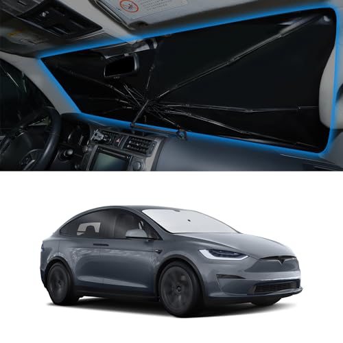 Image of Windshield Sun Shade Umbrella for 2016-2026 Tesla Model X Tesla X | Full covered for windshield, Block UV Rays, Heat Reduction, Easy to install, Durable & Fold Up Small