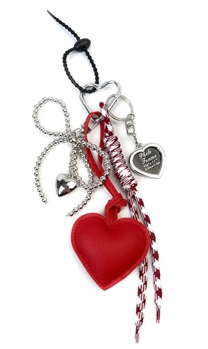 VersaKits Cute Heart Bag Charm Keychain for Women with Rope Silver Ball Chain Bow and Love Pendant Decorative Accessory for Purses Handbags Backpacks(Red)