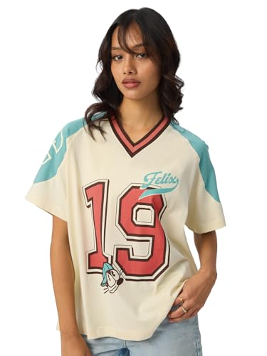 Image of The Souled Store Felix The Cat: Feline Force Women and Girls Short Sleeves V Neck Off White Graphic Printed Cotton Oversized T-Shirts