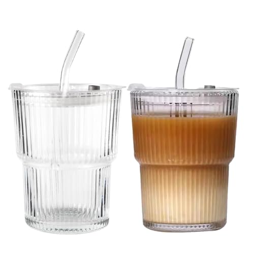 Lot de 2 gobelets en verre de 400 ml avec couvercle et paille, hermétiques et étanches, design étanche et hermétique, pour café, voyage, latte, thé, lait, jus