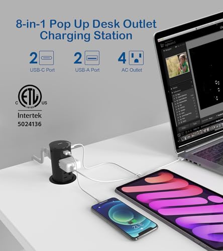 Jgstkcity Pop Up Power Outlet for Countertops & Desks,2.5-Inch Hole Flush, Mount, 20W USB-C, 4 USB Ports, 4 Tamper-Resistant 15A Outlets - Space-Saving Recessed Design,1875W,ETL Listed