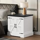 MAHANCRIS Farmhouse End Table with Charging Station, 24' Large Sofa Table with Barn Door, Rustic Square White Nightstand with Adjustable Storage Shelf, Bedside Table for Bedroom, Living Room, Black