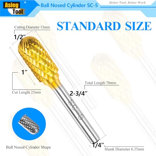 Image of SC-5 5pcs Tungsten Carbide Burr TiN Rotary File Cylindrical Shape with Radius End Double Cut with 1 /4''Shank for Die Grinder Drill Bit