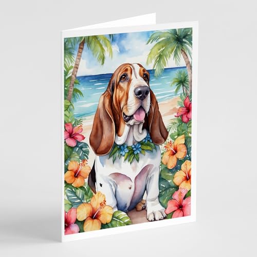 Caroline's Treasures Basset Hound Luau Greeting Cards Pack of 8 Blank Cards with Envelopes Whimsical A7 Size 5x7 Blank Note Cards