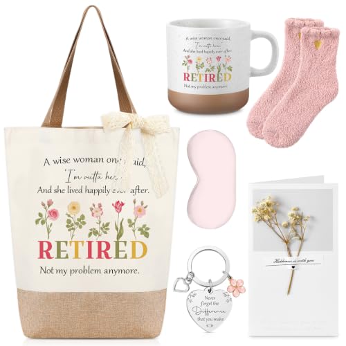 Image of Hestya 7 Pcs Retirement Gifts for Women 2026, Happy Retirement Retired Appreciation Gifts for Coworker Teacher Nurse Friends Mom Retirees with Mug Tote Bag Blindfold Socks Keyring Ribbon Greeting Card