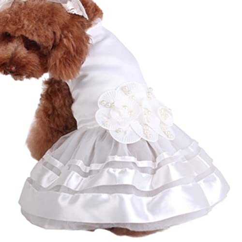 Nikkashop 犬 服 ドレス 犬 ウエディングドレス ペットのドレス 女の子 パーティードレス ワンピース 純白 光沢 パール 手作り花 結婚式 誕生日 記念日 クリスマス ハロウィン 小型犬 中型犬 ドッグウェア ペット服 (S)