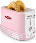 Nostalgia Retro toaster wide 2 slices, vintage design with crumb tray, cord storage and 5 cooking levels, Pink