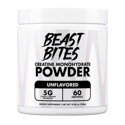 BEAST BITES Creatine Monohydrate Powder - for Men and Women - 5g Creapure Creatine Support Muscle Mass Strength and Cognitive Function - Made in USA - Unflavored - 300 Grams - 60 Servings