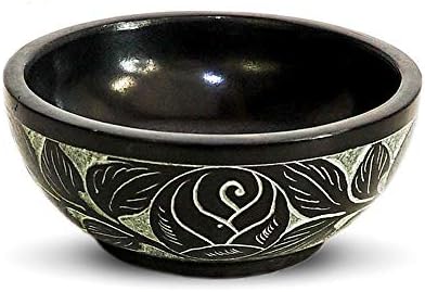 Kaizen Casa Hand Carved Natural Stone Bowl, Smudge Bowl, Stone Bowl, Smudge Pot, White Leaf Carved Design |Size_5” x 2” – Black | Ritual Bowl Display Bowl Jewelry Dish Kitchen Table Decor Gift.