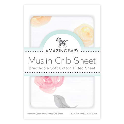 Image of Amazing Baby Cotton Muslin Fitted Crib Sheet, Watercolor Roses, Pink