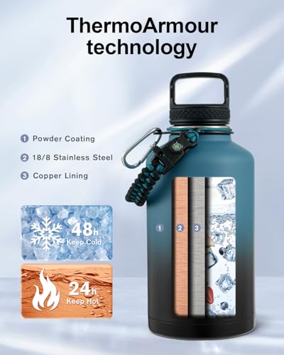 image for Trebo Water Bottle 64oz with Paracord Handle, Half Gallon Large Vacuum