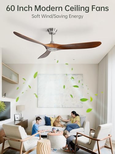 Image of Sofucor 60 Inch Wood Ceiling Fan No Light with Remote, Modern, 3 Blades | Without Light, Quiet Reversible DC Motor, 6 Speeds, Indoor /Covered Outdoor /Bedroom /Living Room /Patio, Sandy Nickel+Brown