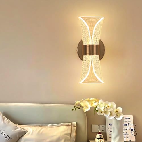 Image of Groeien Pack of 2 |12W | 3 Color LED Nordic Sconce Golden Mesh Transparent Indoor Home Acrylic Wall Lamp for Bedroom Living Room Corridor Lighting Fixtures Wall Mount(Warm+Natural+Coolwhite)