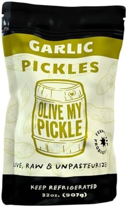 Olive My Pickle Fermented Garlic Dill Pickles - 32 Ounces | 1 Pack Bundle of Probiotic Dill Garlic Pickles and Brine with Digestive Enzymes for Gut Health - 32 oz per bag