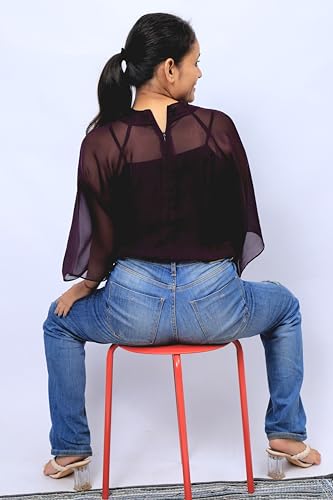 Image of Women's High Neck Sheer Sleeve Top, Light Blue, Oversized Fit, Summer Style