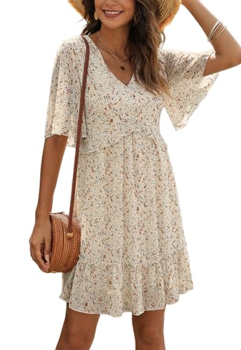 Manydress Women's Chiffon Floral Print V Neck Casual Mini Boho Ruffle Swing Dress MY068