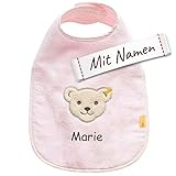 Steiff Lätzchen bestickt mit Namen, Extra Groß, Mädchen, Baby Lätzchen/Halstuch/Spucktuch, Babylätzchen personalisiert, Mit Teddy-Bär Motiv, 100% Baumwolle (Rosa)