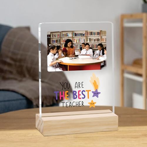 Image of Giftplease Best Teacher Plaque | Personalized Photo Frame with Wooden Stand | Appreciation Gift for Teachers | Teacher's Day Retirement Farewell Gift (Custom Photo & Text CTH 10