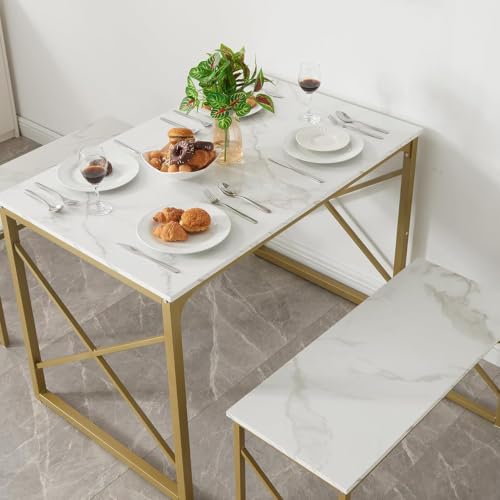 Image of VECELO 43.3 inch Kitchen Dining Table Set for 4, Heavy-Duty Steel Frame & Wood-Grain Tabletop, Space-Saving Dinette Sets with 2 Benches for Breakfast Nook and Small Space, Golden