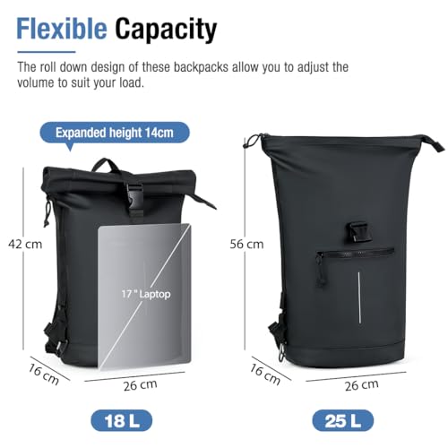 Lekeinchi Rolltop Rucksack Wasserdicht für Damen & Herren, Großer, mit Computerfach für 17 Zoll Laptop, Elegant Reiserucksack Daypack für Reisen, Radfahren, Uni Schule-Schwarz