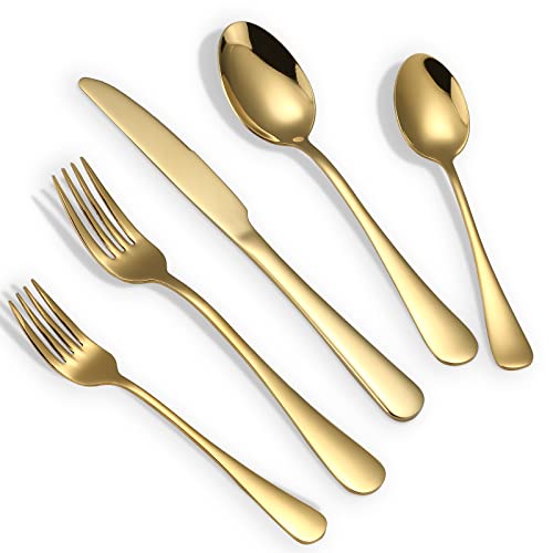 Briout Gold Silverware Set, 20 Piece Golden Cutlery Set Service for 4, Stainless Steel Flatware Set Include Spoons Forks Knives Tableware Utensil Set for Kitchen Home Restaurant, Shiny Gold Polished by BRIOUT - Used condition - US$17.87