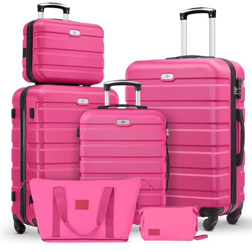 Suitour Luggage Sets 6 Piece 20-inch Carry-on and 24 inch 28 inch Checked Suitcase Set with Cosmetic Case and Expandable Travel Duffle Bags Set(Rose Red)