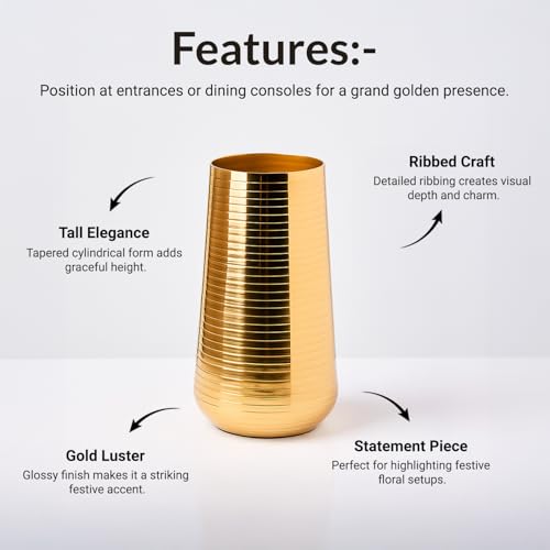 Image of Market99 Golden Metal Flower Holder|Tapered Cylinder Shape Vase with Ribbed Design & Glossy Texture|Decorative Accent for Living Room, Tabletop, Shelf, Office & Gifting|Sleek, Refined & Stylish Decor