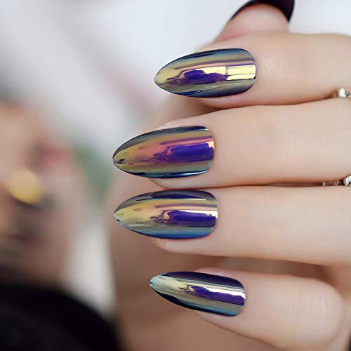 Coolnail Metallic Mirror Bright Chrome False Stilettos Nail Metal Oval Almond Sharp Fake Nails Manicure Full Nails Art Tips #TOP24