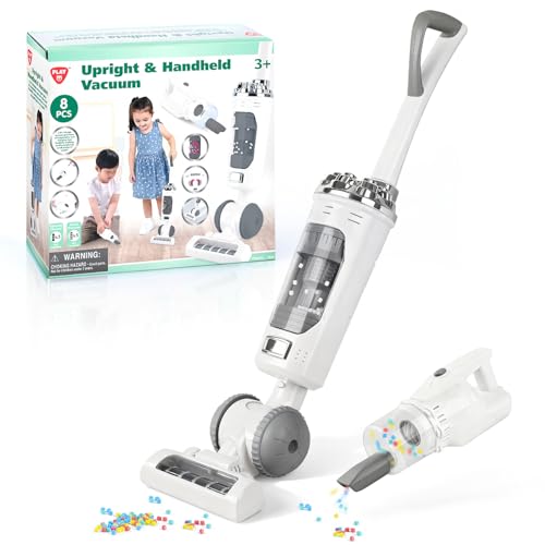 Kids Vacuum Cleaner Toy Set for Toddlers - 2PCS Toy Vacuum Sets for Toddlers 3+ Toddler Vacuum Toy That Works with Sound Effects Baby Play Vacuum Pretend Role Play Household Housekeeping (White)