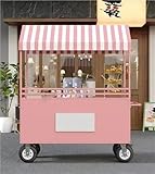 Utlgvnwn Portable Cart with Striped Canopy, Mobile Food Display Stand with Lockable Wheels, Iron Outdoor Vendor cart for Market, Street Food, Events(Pink,39.3in)