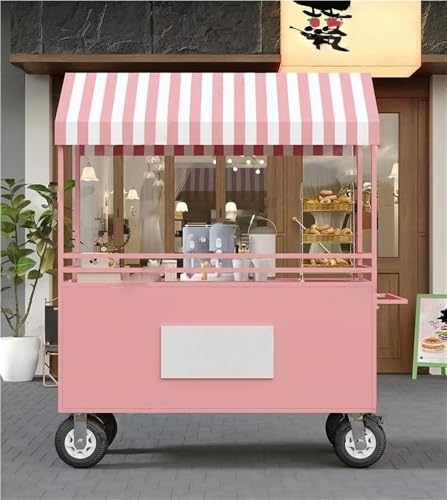 Utlgvnwn Portable Cart with Striped Canopy, Mobile Food Display Stand with Lockable Wheels, Iron Outdoor Vendor cart for Market, Street Food, Events(Pink,39.3in)
