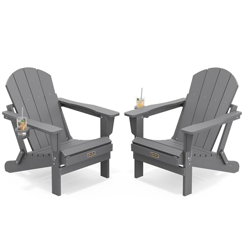 SERWALL Folding Adirondack Chair with Cup Holder Set of 2, A...