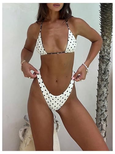 WDIRARA Women's Polka Dots Triangle Halter Swimsuit High Cut Bikini Set 2 Piece Bathing Suit2