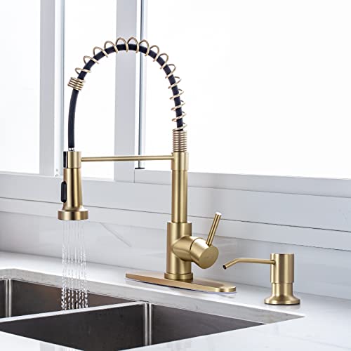 Brushed Gold Kitchen Faucet With Pull Down Sprayer, Rv Brass Kitchen Faucet Stainless Steel Single Handle Spring Faucet With Deck Plate For Farmhouse Utility Sinks With Gold Soap Dispenser #TOP3