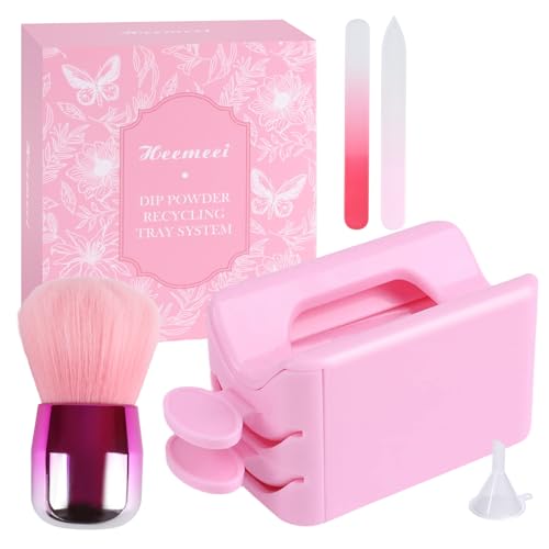 heemeei Dip Powder Recycling Tray System Portable Nail Dip Powder Tray Kit with Nail Dust Brush Glass Nail File French Nail Art Manicure Essential Tool Makeup Tool Glitter Saver