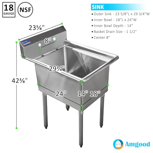 Image of AmGood Stainless Steel Prep & Utility Sink | 304 Stainless Steel | Overall Size: 29 3 /4 inch x 23 5 /8 inch | Restaurant, Kitchen, Laundry, Garage | NSF (Bowl Size: 24 inch x 18 inch No Faucet)