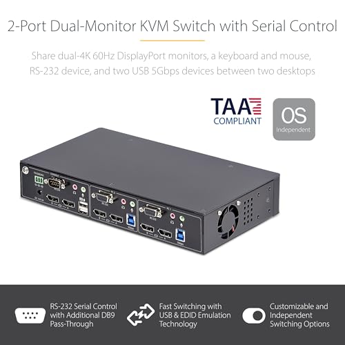 Image of StarTech 2-Port Dual DisplayPort KVM, RS232 Serial, 4K 60Hz, USB 5Gbps, TAA