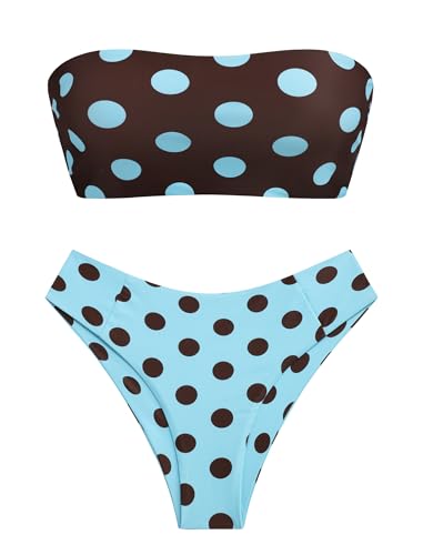 Image of ZAFUL Women's High Cut Bandeau Bikini Set Strapless Solid Color 2 Pieces Bathing Suit Swimsuit