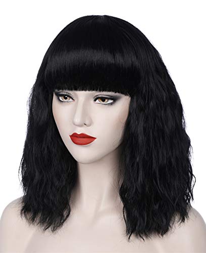 YIMANEILI Black Wigs for Women Short Fluffy Curly Wavy Bob Hair Wig with Bangs Synthetic Fashion Cute Cosplay Wigs for Party Halloween YM212
