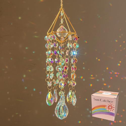 HDCRYSTALGIFTS Crystal Suncatchers for Window Hanging Wind Chime Style Garden Sun Catchers with Crystals Rainbow Maker Indoor Outdoor Decor Handmade Gold Plated