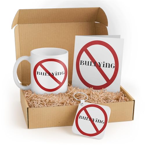 3dRose No Bullying Gift Set for Kids – Mug, Keychain, and Card with Red Symbol – Perfect for Students, Teachers, and Anti-Bullying Campaigns