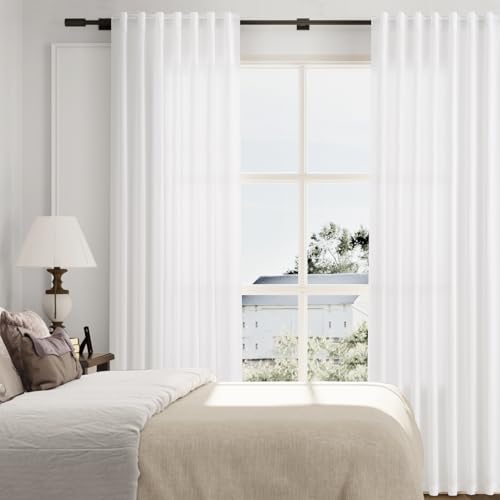 Size 52x96 Color White Soft White Semi Sheer Textured Linen Curtains 96 Inches Length Long, 2 Panels Set for Bedroom Dining Living Room,Back Tab,Rod Pocket,Clip Rings Light Filtering Window Drapes,W52 x L96