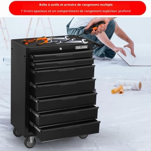 Servante d'atelier avec 7 tiroirs | Servante à outils à fermeture centrale et roulettes robustes | Caisson à roulettes noir tiroirs à roulement à billes | Armoire à tiroirs pour garage et